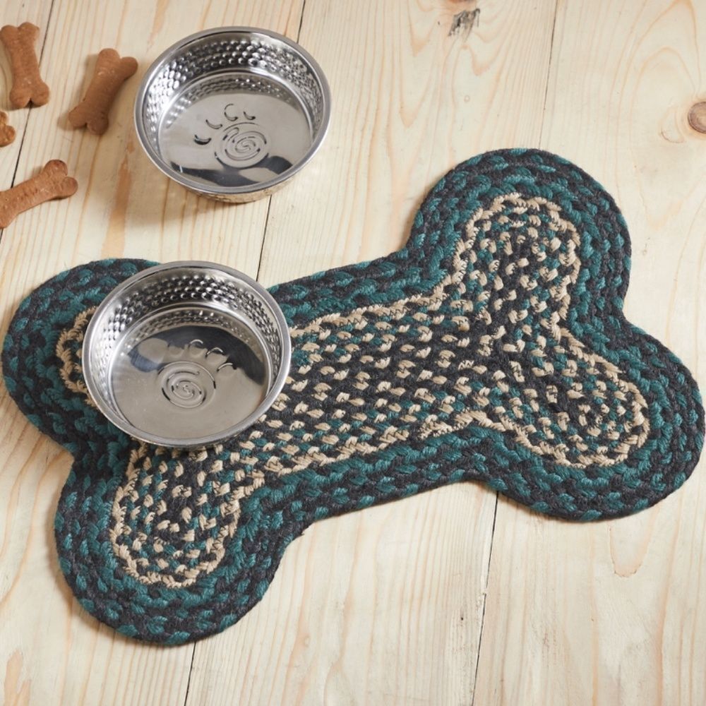 Farmhouse Green Black Cream Jute Braided Bone Shaped Dog Feeder Mat Pet